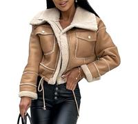 BETAM Mujer abrigo marrón piel sintética invierno piel corta chaquetas de cuero marrón Cálido Shearling Abrigo Lapel cremallera Outwear con bolsillos, verde caqui, Large-X-Large