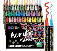 Betem 60 Colores Rotuladores Acrilicos Doble Punta, Marcadores Acrílicos para Pintar Piedras, Tela, Madera, Lienzo, Cerámica, Graffiti, Vidrio, Rotuladores Lettering para Artesanías