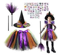 Betensh Disfraz halloween niña bruja, 3-8 Years Witch Costume for Girls Tutu with Witch Hat Broom and 5 Stickers, For Halloween Carnival Cosplay