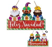 BETESSIN 1 pieza Cartel Colgante Reyes Magos, Decoración Madera Feliz Navidad para Puertas, Adorno Navideño Letrero Pancarta Bienvenidos de Puerta Pared Ventana Escaparate