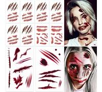 BETESSIN 10 Hojas Pegatinas Halloween Huella Sangre Cicatrices Herida para Cuerpo Cara, Tatuaje Temporal Halloween Impermeable, Decoración Halloween PET Transferencia al Agua de Hallowen, 6cm a 19cm