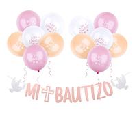 BETESSIN 13pcs Decoración Mi Bautizo Guirnalda Rosa Globos de Bautizo Pancarta Mi Bautizo Globo Rosa Blanco Adorno Decorativos para Fiesta de Bautizo de Niña Infantil Fiesta Bautismo