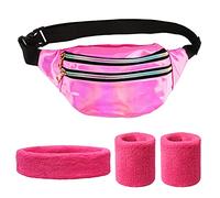 BETESSIN 4pcs Juego de Disfraces Años 80 Diadema de Correr Muñequeras Bolsa Rosa Accesorios Disfraces de los Años 80 para Fiestas Temáticas Ejercicios Juegos Correr