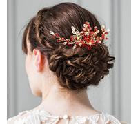 BETITETO Pieza de pelo de novia de cristal rojo con peine de flores de vid doradas, accesorios para el cabello para bodas, mujeres y niñas