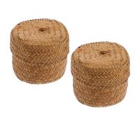 BETOOKY Cesta Tejida a Mano de Algas Marinas 2 Piezas, Contenedor Pequeño para Almacenamiento con Tapa, Cesta Natural para Hogar y Oficina, Caja Decorativa Rústica para Color