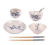 BETOOKY Juego de Vajilla Japonesa de Cerámica 6 Piezas para Soltero, Conjunto Práctico Hogar Cuenco, Plato, Taza, Cuchara y Palillos, Diseño Floral Azul de Ciruelo, Tamaño Compacto