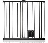 Bettacare Puerta Extra Alta para Mascotas con Trampilla Bloqueable para Gatos, 107,4cm - 115cm, Negra Mate, Altura de 104cm, Barrera de Seguridad Extra Alta para Perros con Trampilla para Gatos