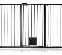 Bettacare Puerta Extra Alta para Mascotas con Trampilla Bloqueable para Gatos, 133,2cm - 140,8cm, Negra Mate, Altura de 104cm, Barrera de Seguridad Extra Alta para Perros con Trampilla para Gatos