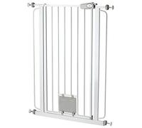 Bettacare Barrera para Mascotas con Trampilla Bloqueable, 75cm - 84cm, Blanca, Altura de 104cm, Barrera de Seguridad Extra Alta para Perros con Trampilla para Gatos, Instalación Fácil