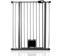 Bettacare Puerta Extra Alta para Mascotas con Trampilla Bloqueable para Gatos, 81,4cm - 89cm, Gris Pizarra, Altura de 104cm, Barrera de Seguridad Extra Alta para Perros con Trampilla para Gatos