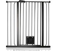 Bettacare Puerta Extra Alta para Mascotas con Trampilla Bloqueable para Gatos, 94,3cm - 101,9cm, Negra Mate, Altura de 104cm, Barrera de Seguridad Extra Alta para Perros con Trampilla para Gatos
