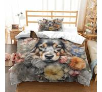 Bettbezug mit Aquarellmalerei, Blumen- und Hundemotiv, für Kinder, weiches Mikrofaser-Polyester -Bettwäscheset, leichter Bettbezug für Jungen, Tagesdecke, Bettbezug mit Einzelbett (135 x 200 cm)