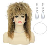 Bettecos Peluca de disfraz de diva del rock de Tina de los años 80 con collar y aretes para mujer, pelo grande, rubio, 70, 80, mellet rockero, glam, punk, rock, rockstar, cosplay, peluca para fiesta