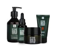 BETTER BE BOLD - VIP rutina para el cuidado de la calvicie, juego 4 en 1 contra el brillo, las manchas pigmentadas y la sequedad - Con crema calva, suero, protección solar SPF 50 y champú, vegano