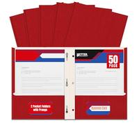 Better Office Products - Carpetas de papel rojo de 2 bolsillos con puntas, paquete de 50, textura mate, carpetas de papel tamaño carta, paquete de 50, con 3 clips de cierre de metal, color rojo