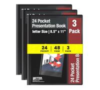 Better Office Products Libro de presentación de 24 bolsillos, paquete de 3, vista frontal transparente, capacidad de 48 páginas, portafolio de arte, cubierta frontal y trasera de poliéster negro