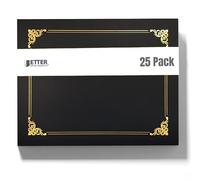 Better Office Products - Paquete de 25 soportes negros para certificados, soportes para diplomas, cubiertas de documentos con borde de lámina dorada, para papel tamaño carta, 25 unidades, color negro