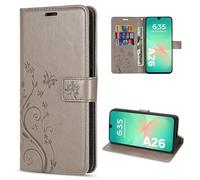 betterfon Funda compatible con Samsung Galaxy A26 5G | Premium PU cuero funda para teléfono móvil para Galaxy A26 5G | funda protectora flores plegable funda para teléfono móvil | gris