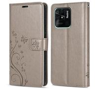 betterfon Funda compatible con Xiaomi Redmi 10C | Funda de piel sintética de alta calidad para Redmi 10C | funda protectora con flores para teléfono móvil | gris