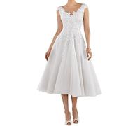 BetterGirl Vestidos de novia elegantes para mujer, longitud del té, encaje, apliques, vestidos de novia, vestidos de dama de honor, Blanco, 48