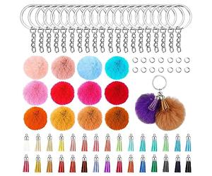 BetterJonny - 150 borlas de piel sintética con pompones, 30 llaveros multicolor de 2.4 pulgadas, 30 borlas, 30 llaveros con 60 anillos abiertos para accesorios de llavero de borla de bricolaje