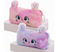 BetterJonny Juego de 2 estuches de felpa, bonito estuche de arcoíris para niñas, estuche de felpa con bonito patrón de gato morado, Pink, Caricatura