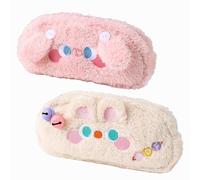 BetterJonny - Juego de 2 kits de lápices de felpa, estuche de lápices esponjoso, estuche de lápices de colores, estuche escolar para niña, estuche infantil con botón, blanco, rosa, Lindo