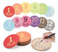 Bettsparks Tarjetas mensuales de madera para niños, discos de madera con hitos mensuales, paquete de 13 dígitos impresos para niños con marcas de meses, regalo de madera para anuncio de bebé,