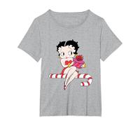 Betty Boop - Asiento de bastón de Caramelo navideño Camiseta, Mujer Tallas Grandes, Gris Jaspeado, 1XL Grande