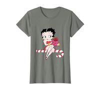 Betty Boop - Asiento de bastón de Caramelo navideño Camiseta, Mujer, Verde Militar Jaspeado, XL