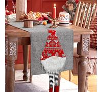 Betylifoy Camino de Mesa de Navidad con Santa Gnomos de Barba Blanca - Ropa de Mesa Rústica de Lino de Algodón Gris para Decoraciones y Fiesta Navideña