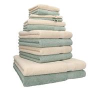 Betz Juego de 12 Toallas Premium 100% algodón de Color Beige Arena y Verde heno
