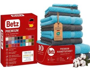Betz Juego de Toallas de 10 Piezas 2 Toallas de baño 4 Toallas de Mano 2 Toallas para Invitados 2 Manoplas de baño 100% algodón Toalla Ducha baño Mano Premium de Color Turquesa y Gris Antracita