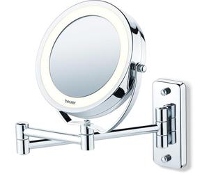Beurer BS59 - Espejo maquillaje con luz LED, con brazo para pared, 2 espejos en 1, 1 cara vista normal, 1 cara con aumento x5, espejo estraible del brazo, color plata