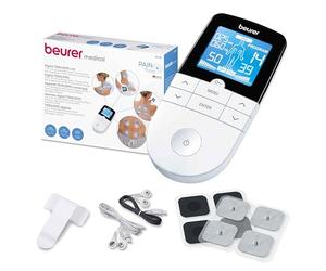 Beurer EM 49 TENS/EMS digital, dispositivo de corriente de estimulación 3 en 1 para el alivio del dolor y entrenamiento, función de masaje, incluye 4 electrodos, Color Blanco