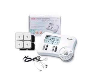 Beurer EM80 - Electroestimulador Digital, para aliviar el dolor muscular y el fortalecimiento muscular, masaje EMS TENS, 4 canales, 8 electrodos autoadhesivos, 20 programas libres, color blanco