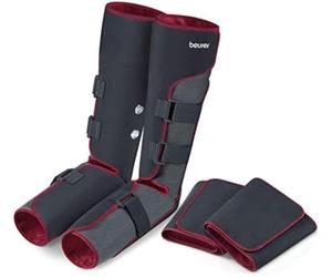 Beurer FM150 Pro Botas de Presoterapia de uso doméstico, masaje de presión, 4 manguitos, botón seguridad apagado automático, bolsa para guardar, negro rojo