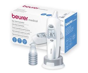 Beurer FT 58 termómetro de oído, termómetro de fiebre con tecnología de medición por infrarrojos para medición en el oído, indicador de fiebre, incl. 10 protectores, para bebés, niños y adultos