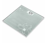 Beurer GS 10 - Báscula de baño de vidrio, báscula extra plana de 1.9 cm, pantalla digital LCD con grandes dígitos (2.6 cm), color grisáceo con detalle de flor con efecto purpurina