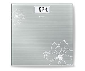Beurer GS 10 - Báscula de baño de vidrio, báscula extra plana de 1.9 cm, pantalla digital LCD con grandes dígitos (2.6 cm), color grisáceo con detalle de flor con efecto purpurina