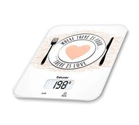 Beurer KS 19 Love - Balanza de cocina, pantalla LCD, medición 5 Kg / 1 gr, botón táctil, vidrio de seguridad, color blanco