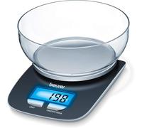 Beurer KS 25 Balanza de cocina con bol transparente, función auto-tara, 3 kg/1 gr, pantalla LCD azul (6.6 x 2.8 cm), altura pantalla 2.2 cm, color negro plata