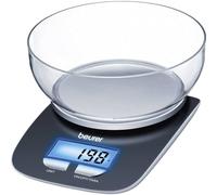 Beurer KS 25 Balanza de cocina con bol transparente, función auto-tara, 3 kg/1 gr, pantalla LCD azul (6.6 x 2.8 cm), altura pantalla 2.2 cm, color negro plata