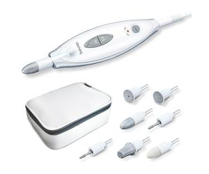 Beurer MP 41 Set de manicura y pedicura profesional, torno para uñas con 7 accesorios, luz LED, rotación derecha/izquierda, 2 velocidades, bolsa incluida