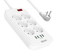 BEVA Regleta Enchufe con USB, Enchufes Multiple de 6 Tomas Corrientes y 4 USB Tomas, Enchufe Plano con Protección Sobrecargas y Interruptores, Ladron Enchufes con Cable de 2M, 2500W/10A Blanco