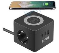 BEVA Regleta Enchufes Carga Inalámbrica, Enchufe Cubo con 2 TomasCA y 2 USB C + 1 USB A, Ladron Enchufe con Interruptor Independiente, Regleta USB para Oficina, Hogar y Viajes, Cable de 1.5M Negro