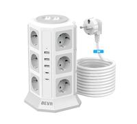 BEVA Regleta Enchufes Vertical de 12 Tomas Corrientes y 5 Rápida USB Tomas, Ladron Enchufe de Corriente con Protección contra Sobrecargas y Interruptores, Cable de 2M, 2500W/10A White
