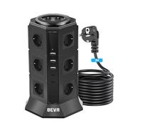 BEVA Regleta Enchufes Vertical de 12 Tomas Corrientes y 5 Rápida USB Tomas, Ladron Enchufe de Corriente con Protección contra Sobrecargas y Interruptores, Cable de 2M, 2500W/10A Black