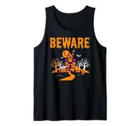 Beware Haunted House Orange Halloween Spooky Camiseta sin Mangas
