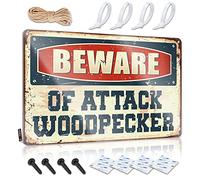 Beware Of Attack Woodpecker Happy Retro Decoración de pared | Estatua de estilo vintage de regalo para cocina, decoración de cobertizo, fácil de colgar (30 x 40 cm)